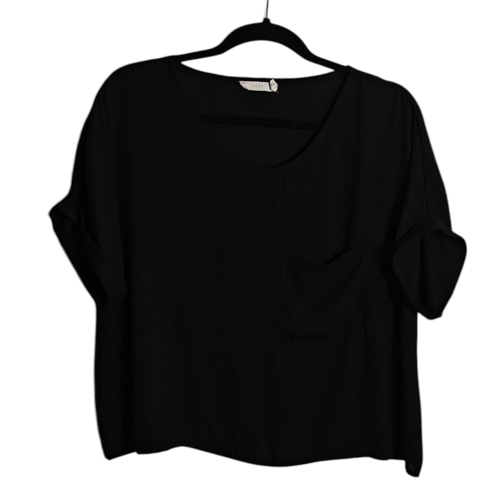LUSH Round Neck Blouse With Front Lapel Pocket in Black Size Small